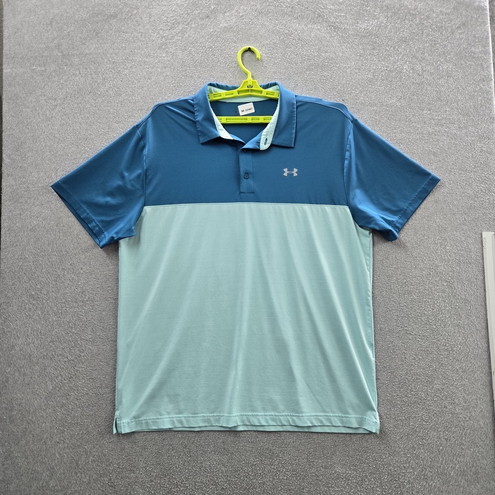 Under Armour Men Polo 2XL Blue Colorblock Activewear‎ Logo Golf Performance